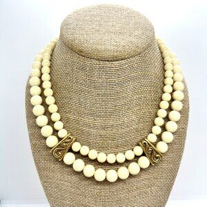 VINTAGE 80S NAPIER CREAM GOLD TONE NECKLACE ETRUSCAN MULTI STRAND ACRYLIC BEAD